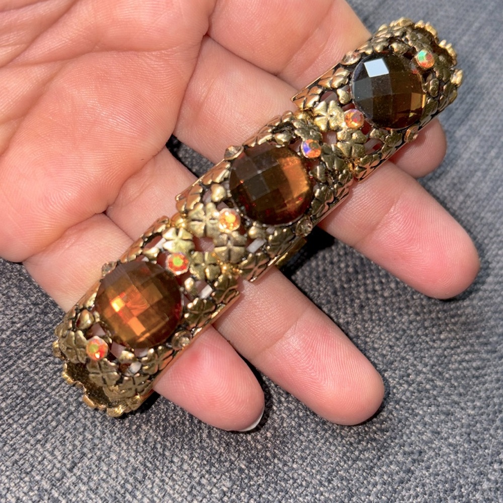 Gorgeous Jeweled Goldtone & Brown Beaded Chunky Stretch Statement Bracelet